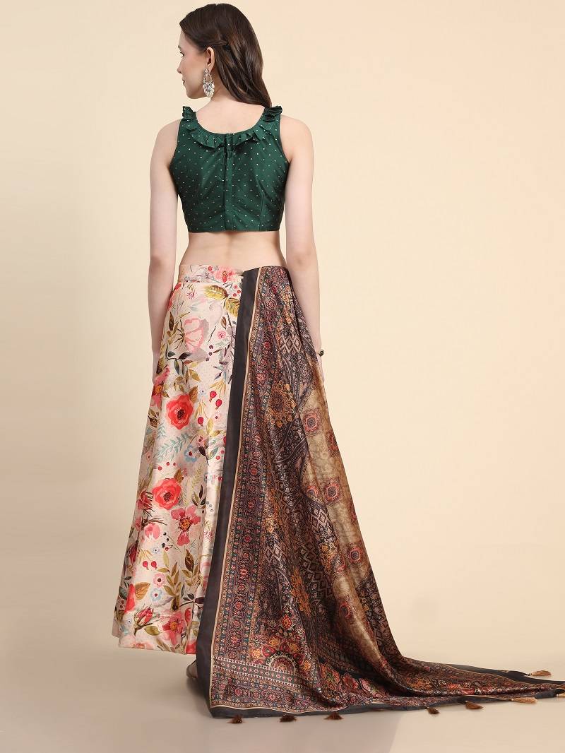 Cream Satin Silk Lehenga Choli Set With Dupatta