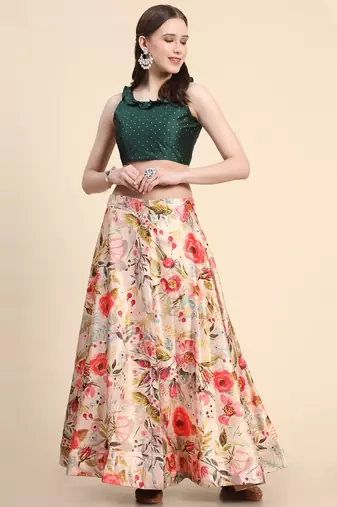 Cream Satin Silk Lehenga Choli Set With Dupatta