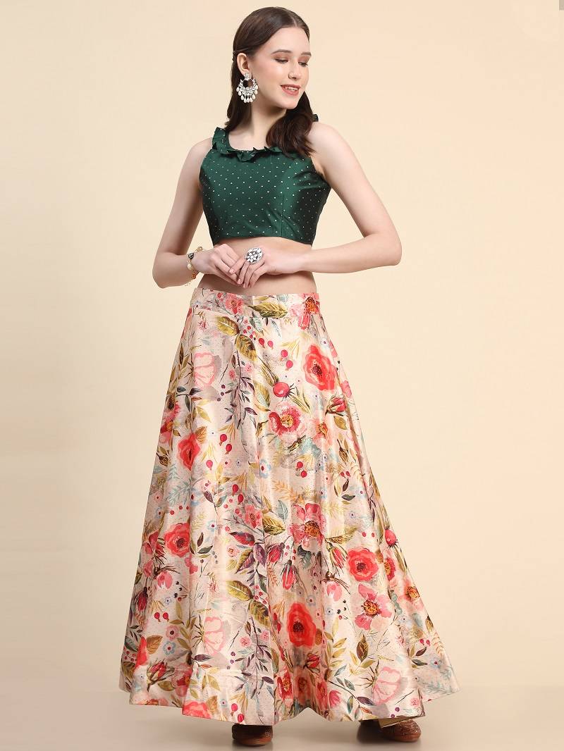 Cream Satin Silk Lehenga Choli Set With Dupatta