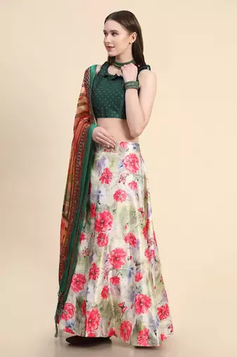 Off-White Digital Printed Semi-Stitcehd Lehenga Choli Set With Dupatta