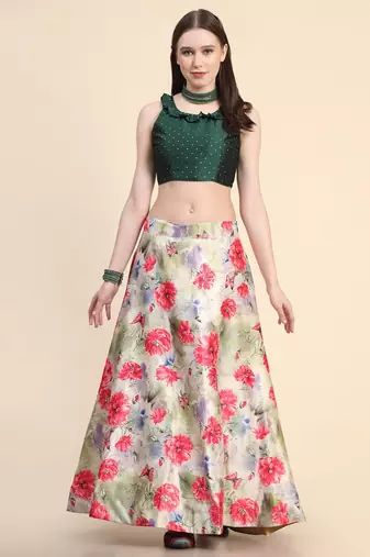 Off-White Digital Printed Semi-Stitcehd Lehenga Choli Set With Dupatta