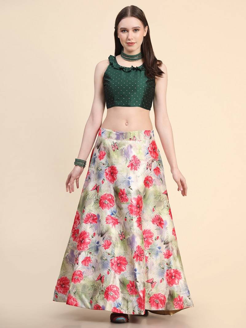 Off-White Digital Printed Semi-Stitcehd Lehenga Choli Set With Dupatta