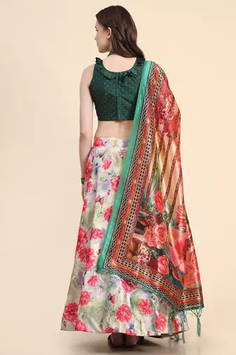 Off-White Digital Printed Semi-Stitcehd Lehenga Choli Set With Dupatta