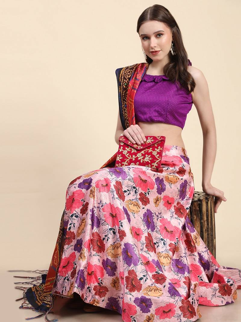 Purple Semi-Stitched Lehenga Choli Set With Dupatta