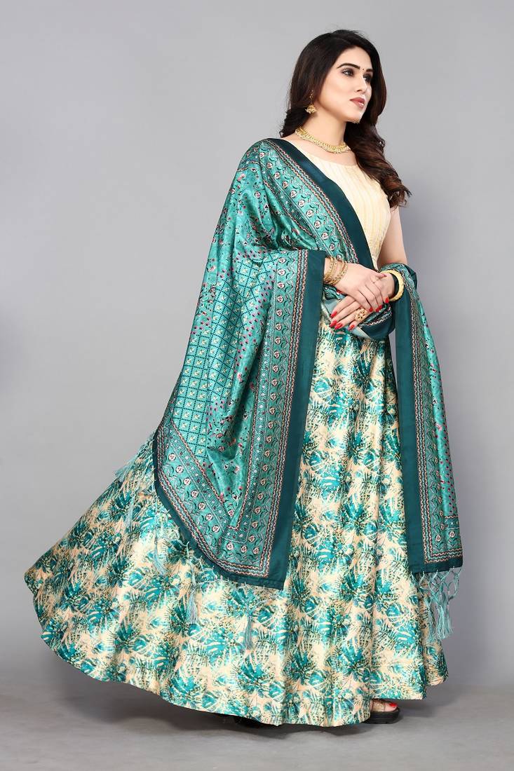 Sky Blue Satin Silk Lehenga Choli Set With Dupatta
