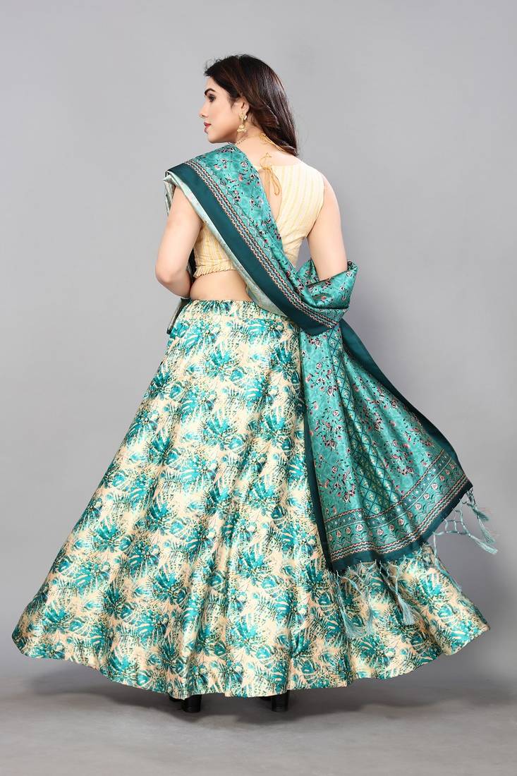 Sky Blue Satin Silk Lehenga Choli Set With Dupatta