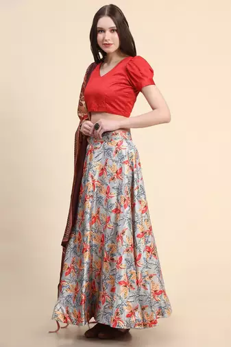 Grey satin Silk Lehenga Choli Set With Dupatta