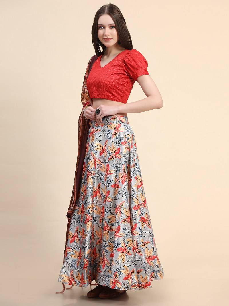 Grey satin Silk Lehenga Choli Set With Dupatta