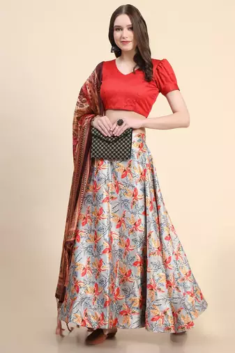 Grey satin Silk Lehenga Choli Set With Dupatta