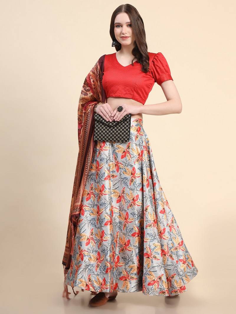 Grey satin Silk Lehenga Choli Set With Dupatta
