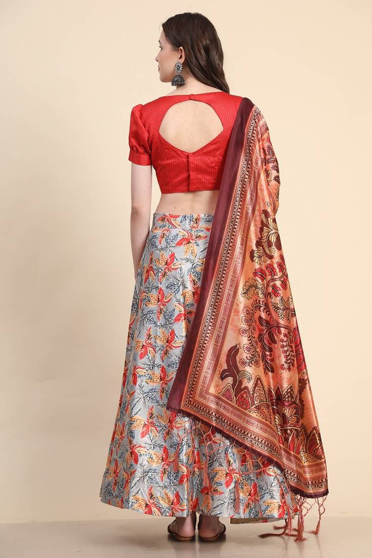 Grey satin Silk Lehenga Choli Set With Dupatta