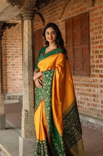YELLOW GREEN COLOR SILK SAREES WITH BLOUSE