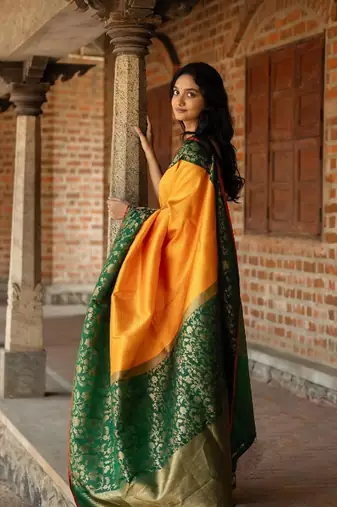 YELLOW GREEN COLOR SILK SAREES WITH BLOUSE