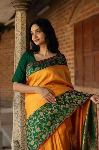 YELLOW GREEN COLOR SILK SAREES WITH BLOUSE