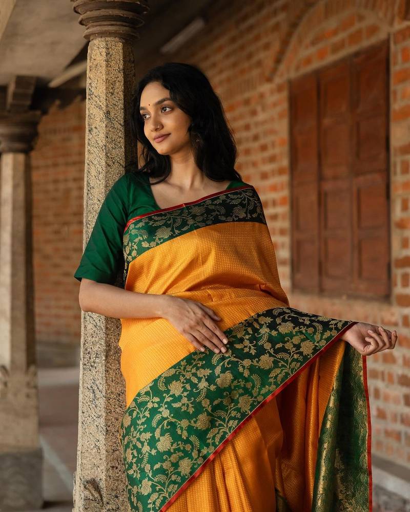 YELLOW GREEN COLOR SILK SAREES WITH BLOUSE