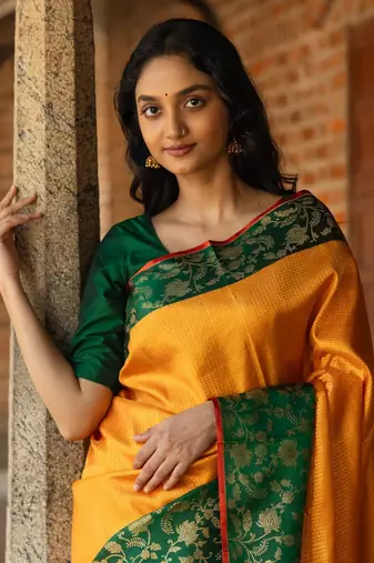 YELLOW GREEN COLOR SILK SAREES WITH BLOUSE