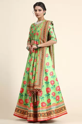 Green Satin Silk Lehenga Choli Set With Dupatta