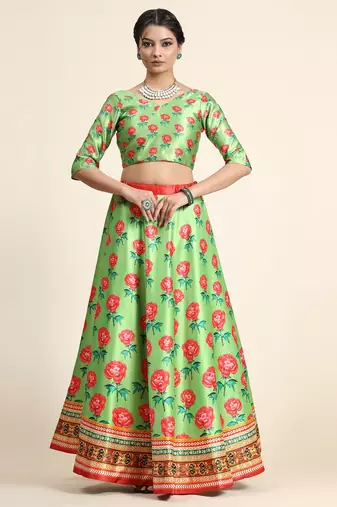 Green Satin Silk Lehenga Choli Set With Dupatta