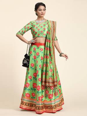 Green Satin Silk Lehenga Choli Set With Dupatta 4