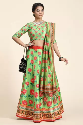 Green Satin Silk Lehenga Choli Set With Dupatta