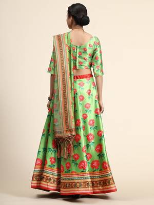 Green Satin Silk Lehenga Choli Set With Dupatta 5