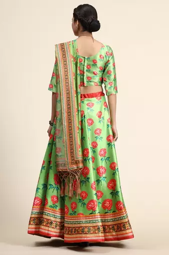 Green Satin Silk Lehenga Choli Set With Dupatta