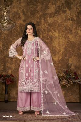 Pink embroidered net Palazzo suit 1