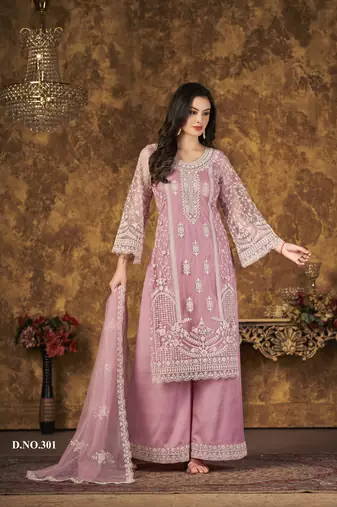 Pink embroidered net Palazzo suit