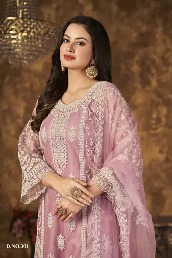 Pink embroidered net Palazzo suit