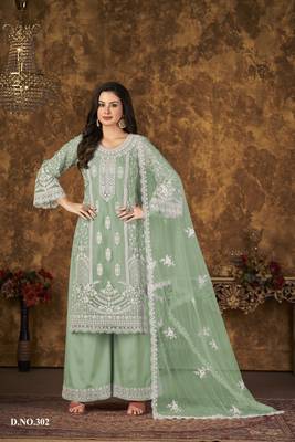 Light green embroidered net Palazzo suit 1