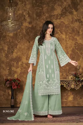 Light green embroidered net Palazzo suit