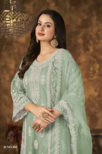 Light green embroidered net Palazzo suit