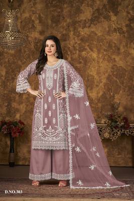 Purple embroidered net Palazzo suit 1