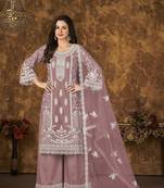 Purple embroidered net semi stitched Palazzo suit