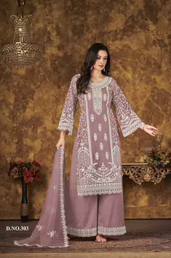 Purple embroidered net Palazzo suit