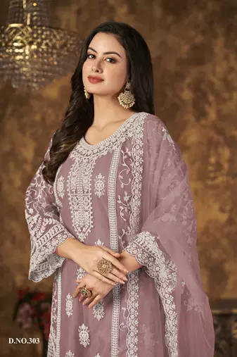 Purple embroidered net Palazzo suit