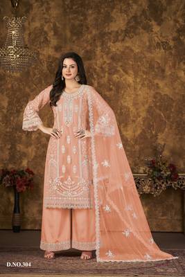 Orange embroidered net Palazzo suit 1