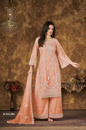 Orange embroidered net Palazzo suit