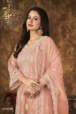 Orange embroidered net Palazzo suit 3