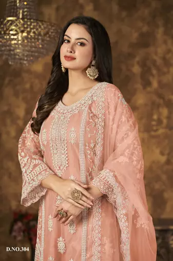 Orange embroidered net Palazzo suit