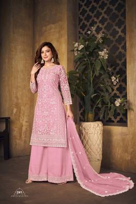 Pink embroidered net Palazzo suit 1