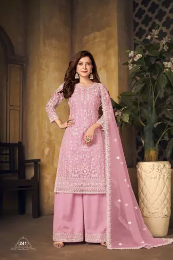 Pink embroidered net Palazzo suit