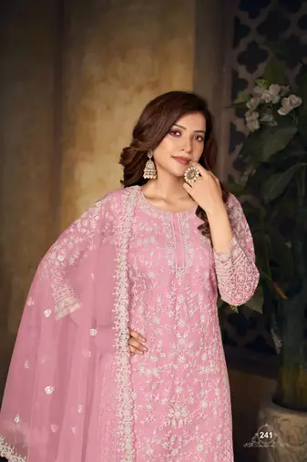 Pink embroidered net Palazzo suit