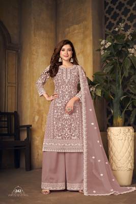 Light brown embroidered net Palazzo suit 1