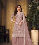 Light brown embroidered net semi stitched Palazzo suit