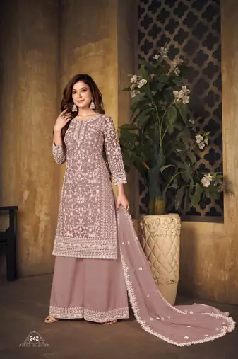 Light brown embroidered net Palazzo suit