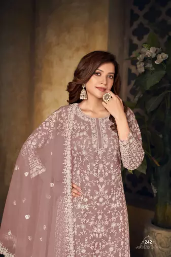 Light brown embroidered net Palazzo suit