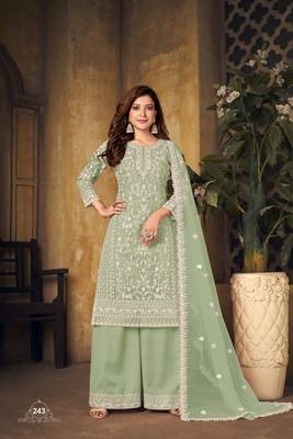 Light green embroidered net Palazzo suit 1
