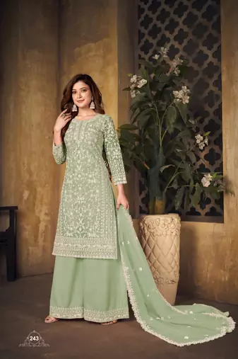 Light green embroidered net Palazzo suit