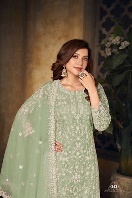 Light green embroidered net Palazzo suit 3